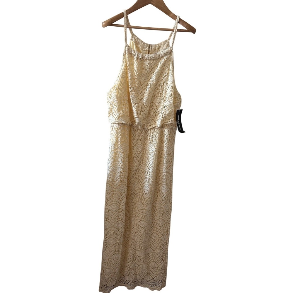 Sharagano Butter Yellow Lace Maxi Dress‎ High Neck Sleeveless Size 12